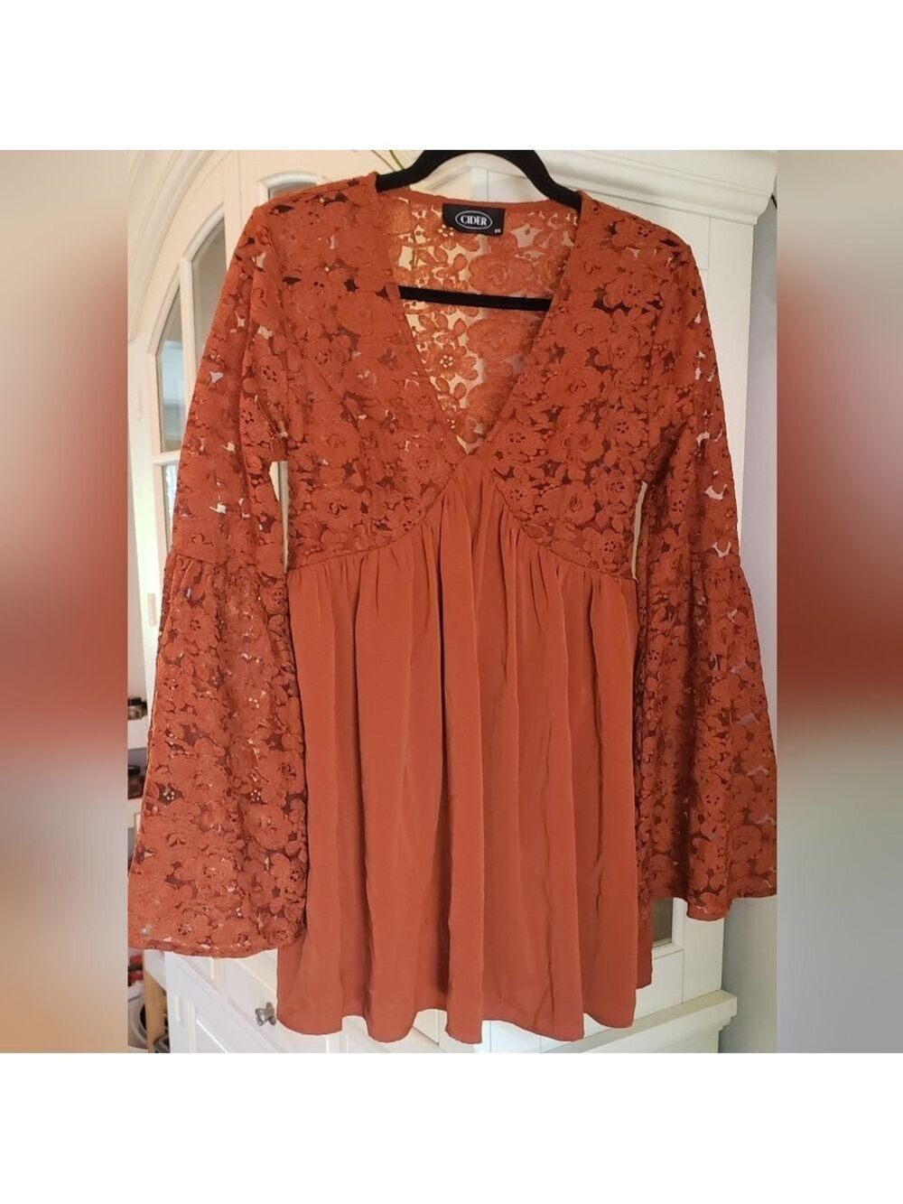 Cider Rust Orange Lace Bell Sleeve V-Neck Babydoll Dress